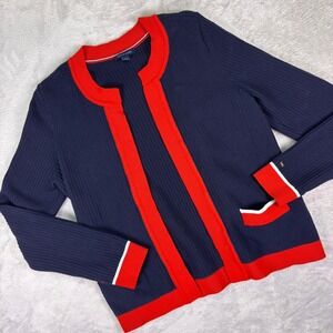 Tommy Hilfiger Women's Cardigan Size M Navy Red Trim Open Front Pocketed Preppy